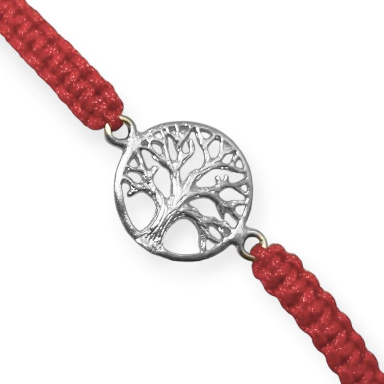 Pulsera Árbol De La Vida 13mm Cordón Rojo Plata Fina 925-1