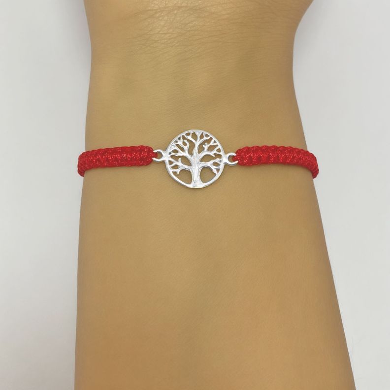 Pulsera Árbol De La Vida 13mm Cordón Rojo Plata Fina 925-2
