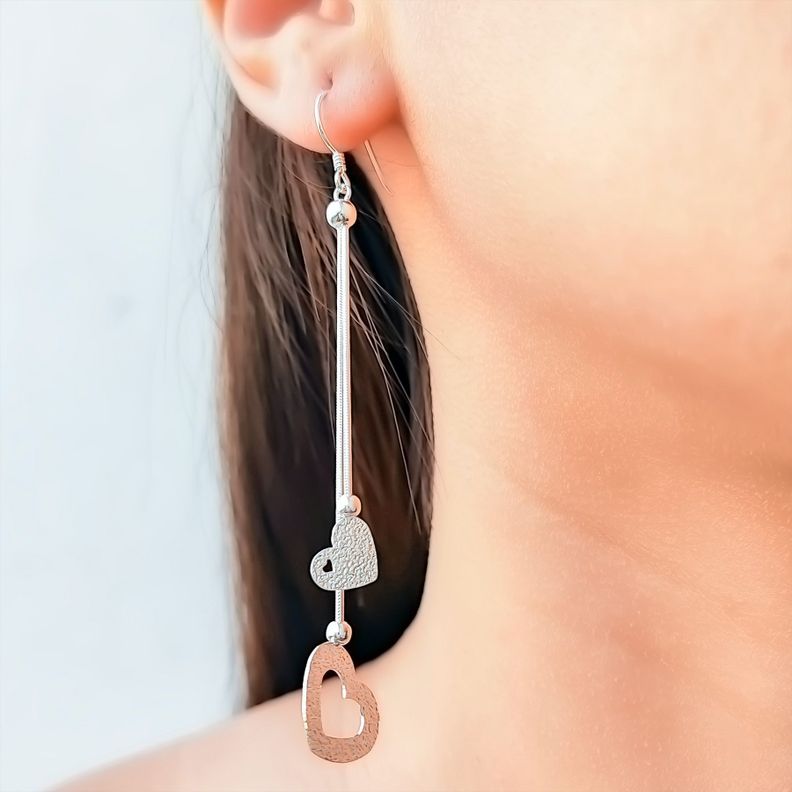 Aros 2 Corazones Colgantes Plata Fina 925-1
