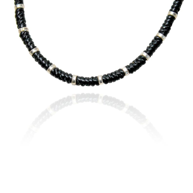 Pulsera Arandelas Plata Fina 925 Cordón Negro-1