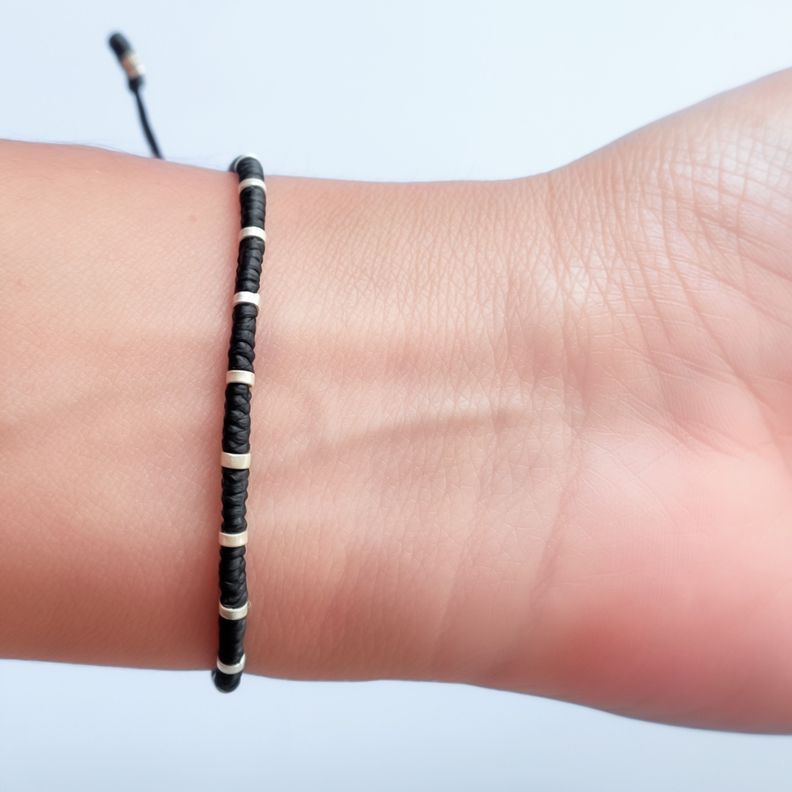 Pulsera Arandelas Plata Fina 925 Cordón Negro-3