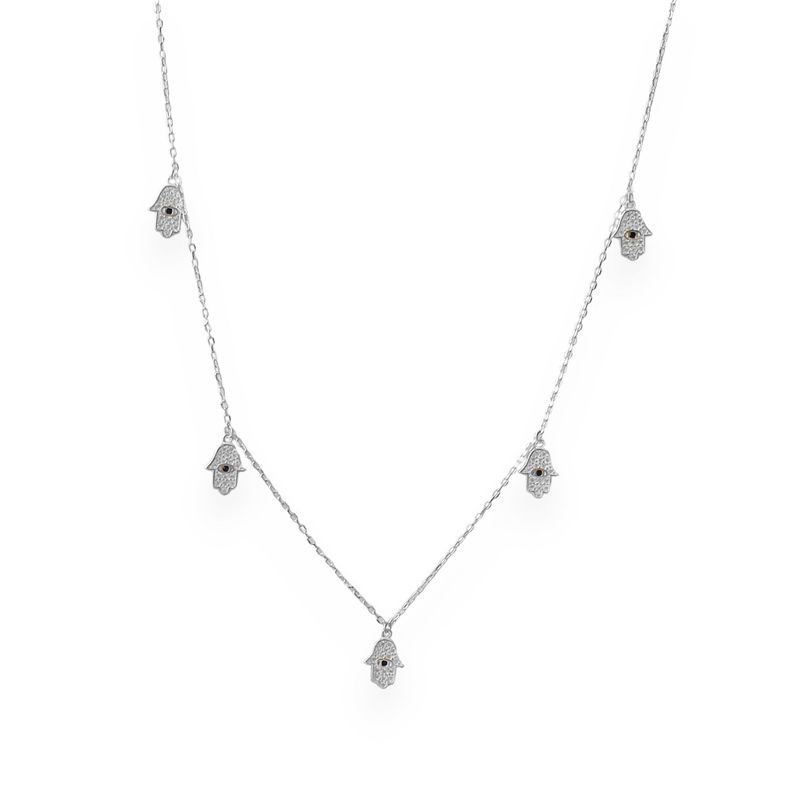 Collar Choker 5 Mano De Fátima Circón Plata Fina 925-0