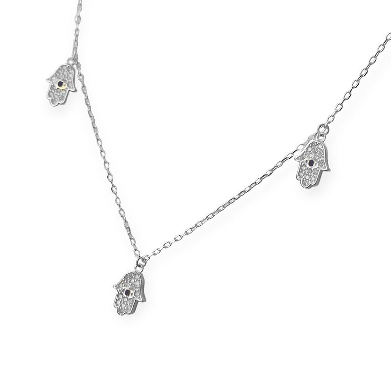 Collar Choker 5 Mano De Fátima Circón Plata Fina 925-2