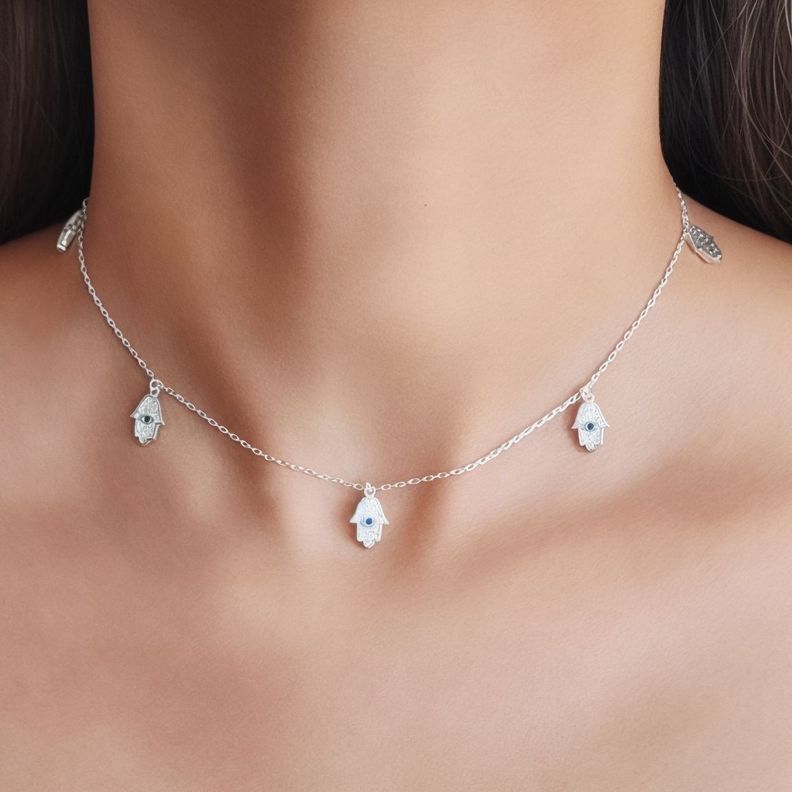 Collar Choker 5 Mano De Fátima Circón Plata Fina 925-3