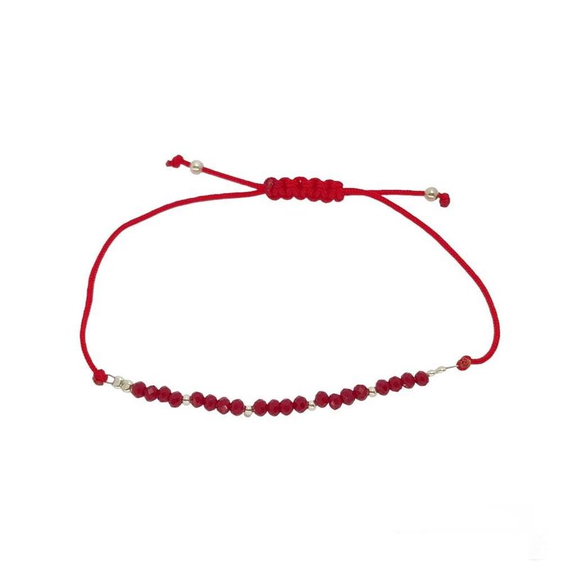 Pulsera Cristal Rojo Bolitas Plata Cordón Rojo Plata Fina 925-0