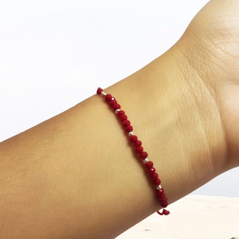 Pulsera Cristal Rojo Bolitas Plata Cordón Rojo Plata Fina 925-1