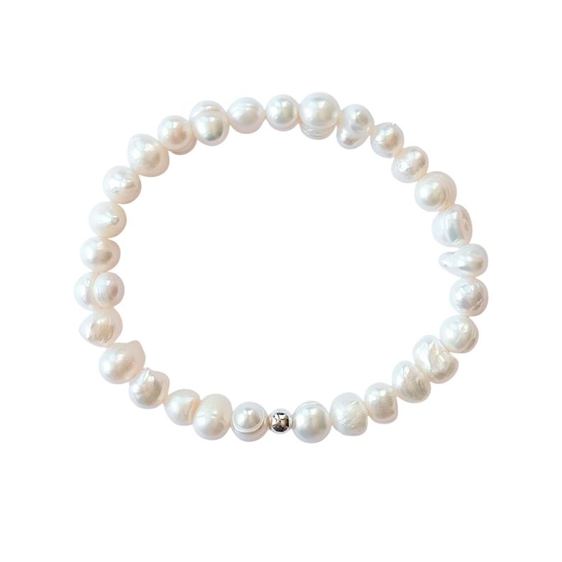 Pulsera Perla De Río Natural 7x5mm Bolita Plata Fina 925 Elásticada-0