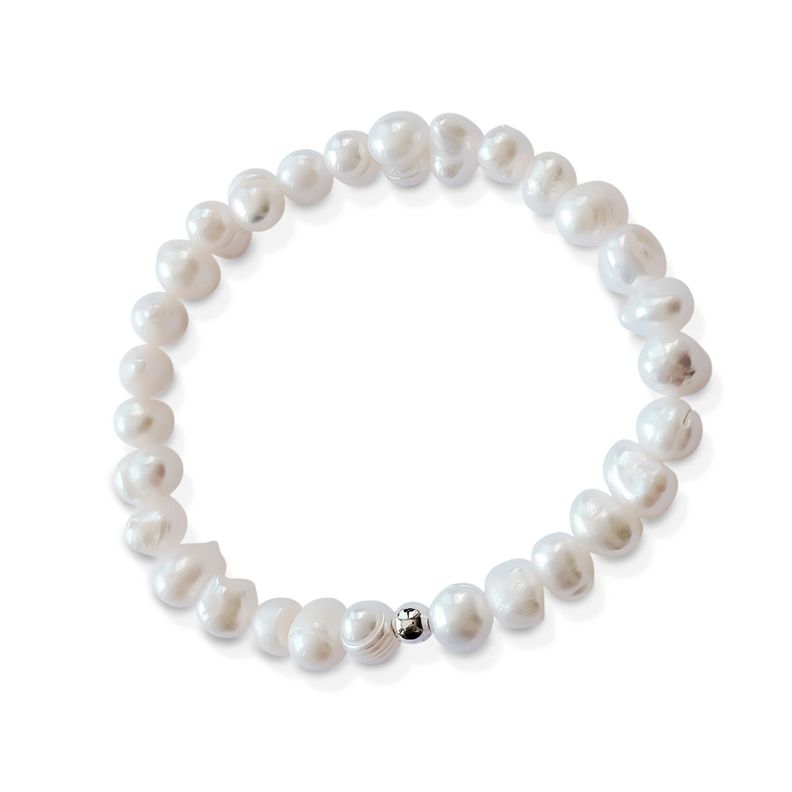 Pulsera Perla De Río Natural 7x5mm Bolita Plata Fina 925 Elásticada-1