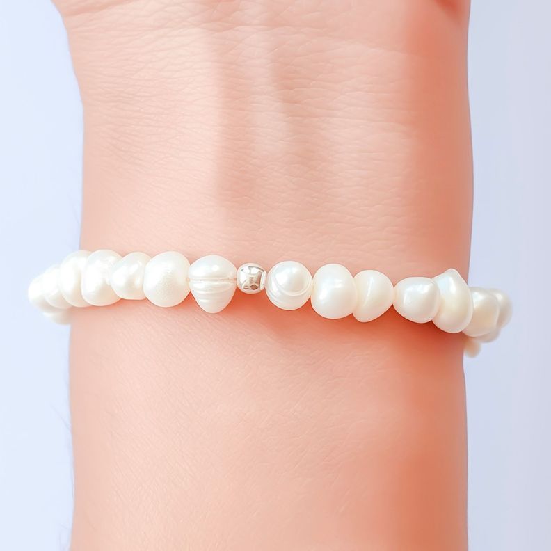 Pulsera Perla De Río Natural 7x5mm Bolita Plata Fina 925 Elásticada-2