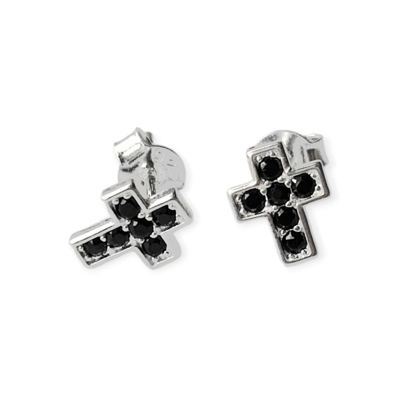 Aros Cruz Circón Negro Mini Plata Fina 925-0