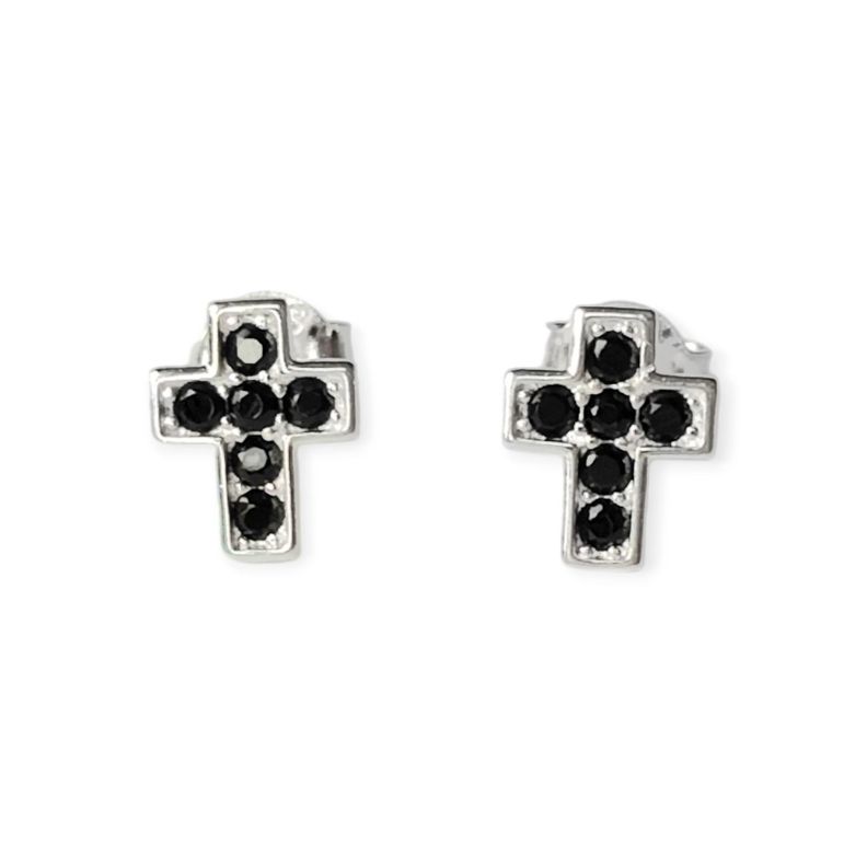 Aros Cruz Circón Negro Mini Plata Fina 925-1