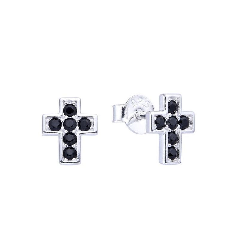 Aros Cruz Circón Negro Mini Plata Fina 925-2