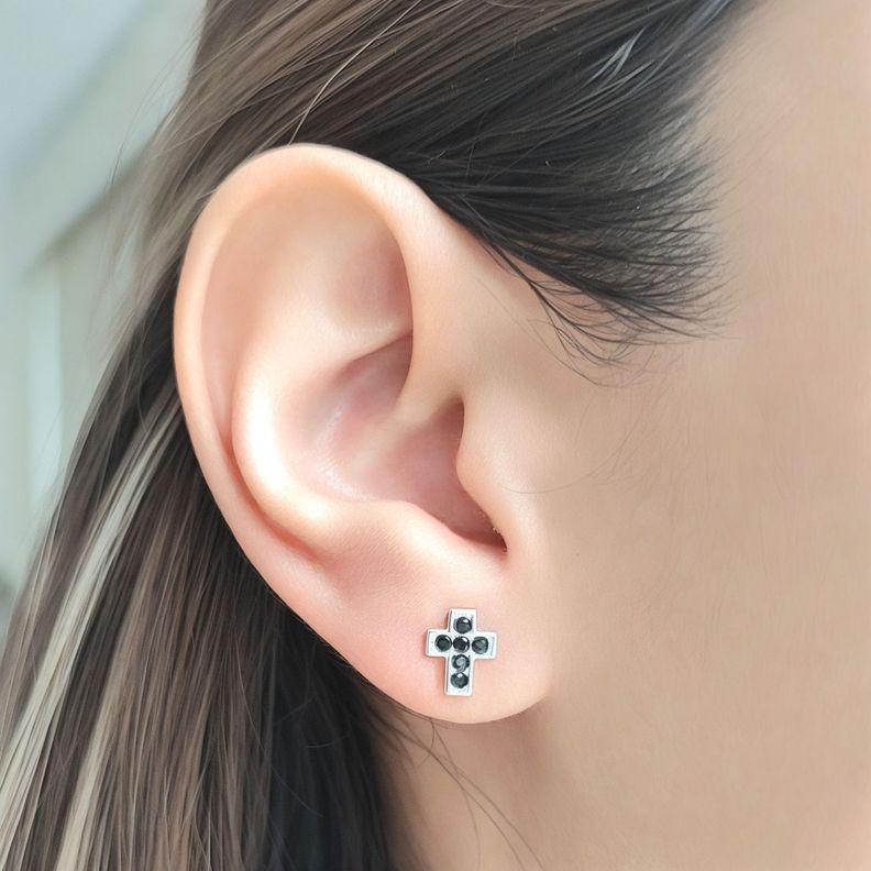 Aros Cruz Circón Negro Mini Plata Fina 925-3