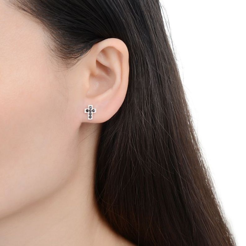 Aros Cruz Circón Negro Mini Plata Fina 925-4