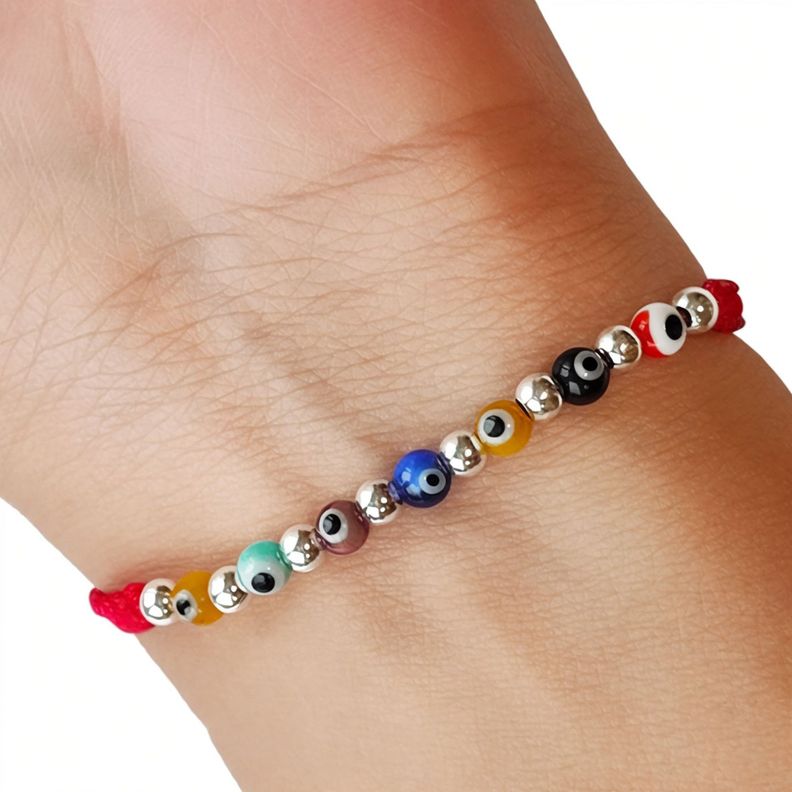 Pulsera Ojos Turcos Colores Cordón Rojo-2