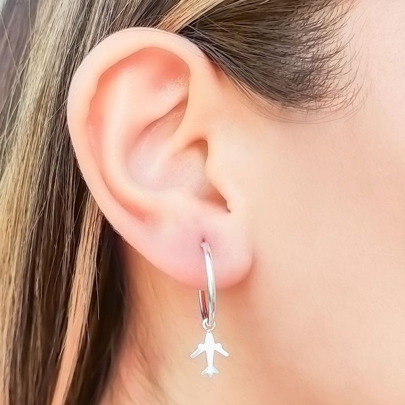 Aros Argolla Colgante Avión Plata Fina 925-2