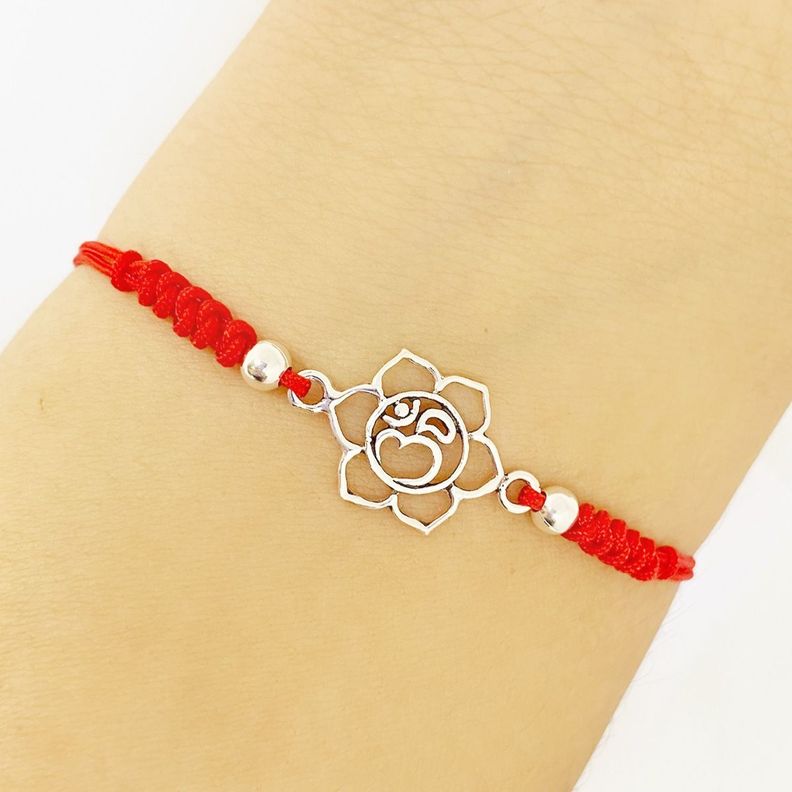 Pulsera Flor De Loto Ohm Cordón Rojo Ajustable Plata Fina 925-2