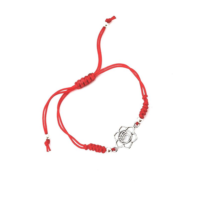 Pulsera Flor De Loto Ohm Cordón Rojo Ajustable Plata Fina 925-0