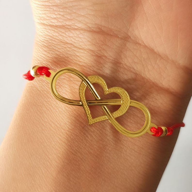 Pulsera Corazón Infinito Enchapado Oro 18K Cordón Rojo-2