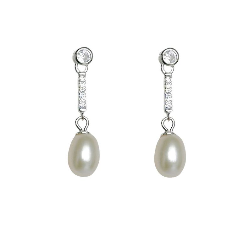 Aros Perla De Río Colgante Palito Circón Plata Fina 925-0