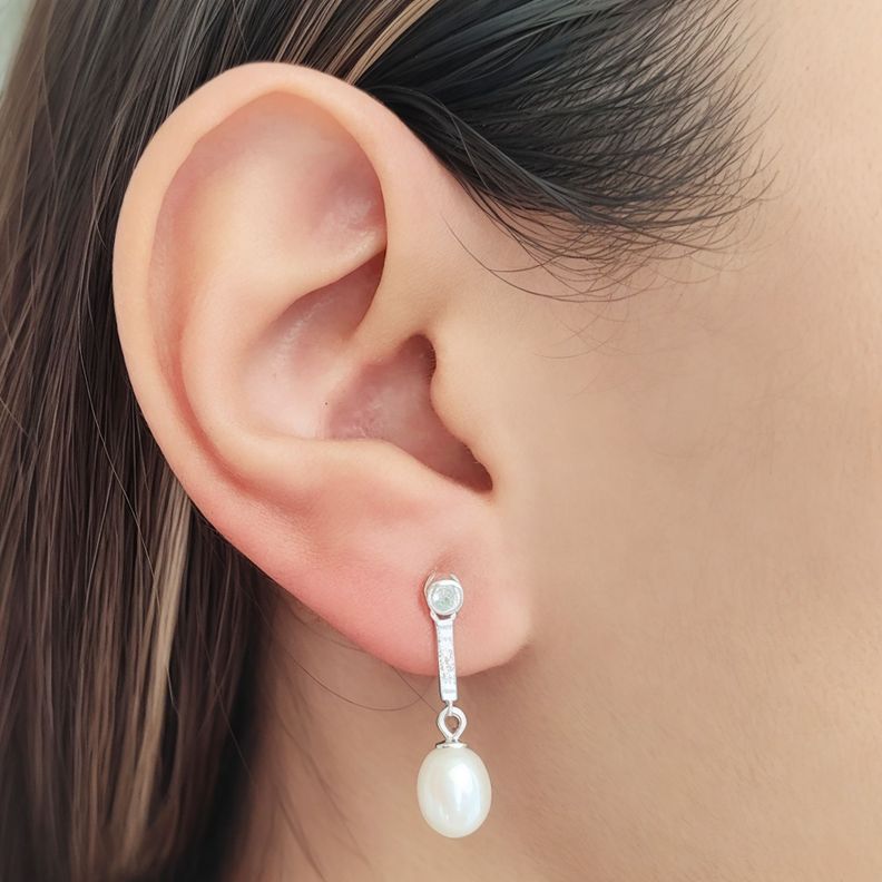 Aros Perla De Río Colgante Palito Circón Plata Fina 925-2