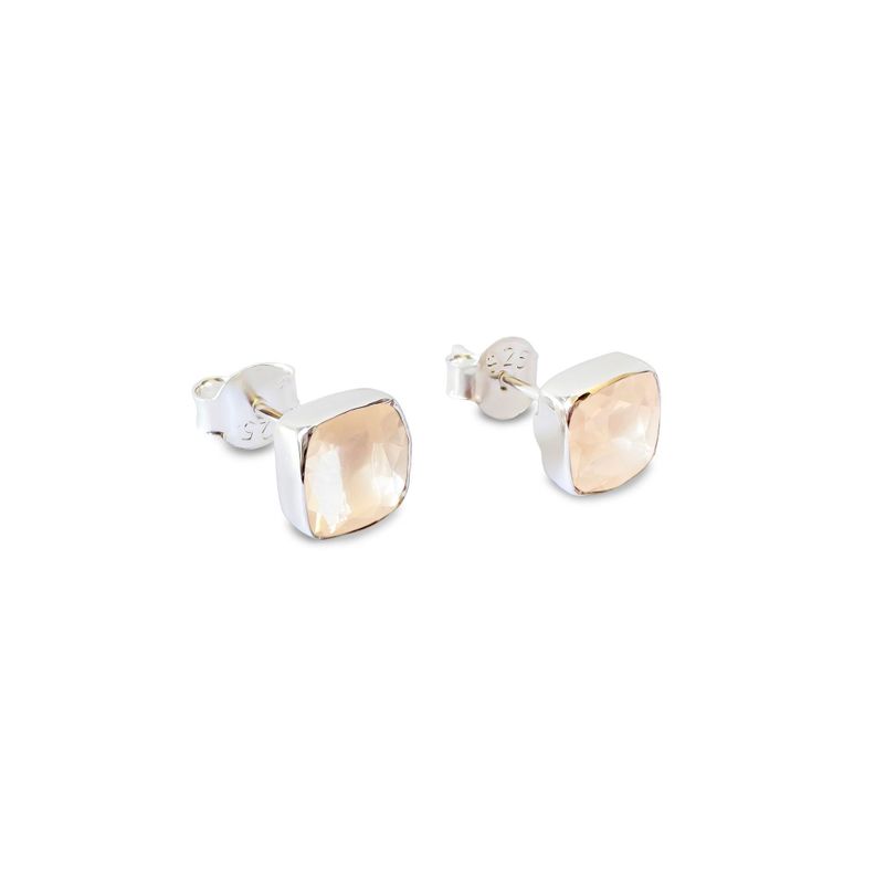 Aros Cuadrado Cuarzo Rosa Facetado 7mm Plata Fina 925-1