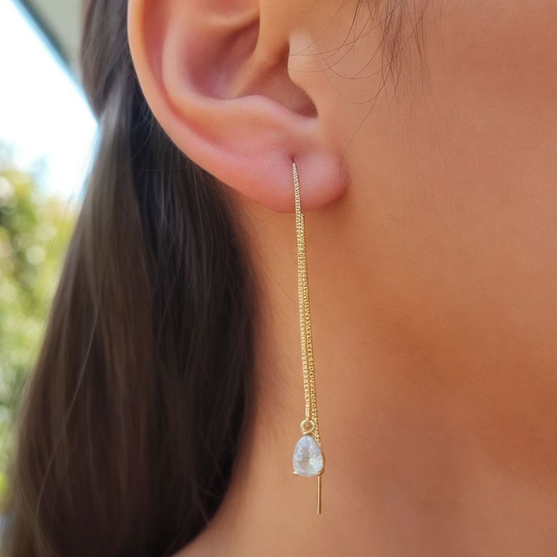 Aros Cadena Colgante Gota Blanca Enchapado Oro 18K-1
