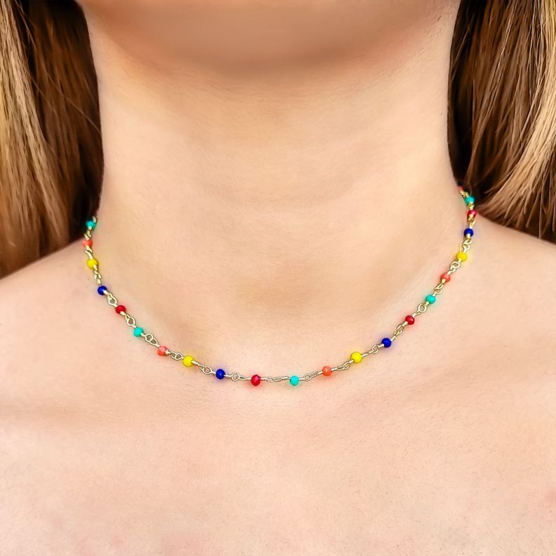 Collar Choker Cristales Colores 40cm Enchapado Oro 18K-2