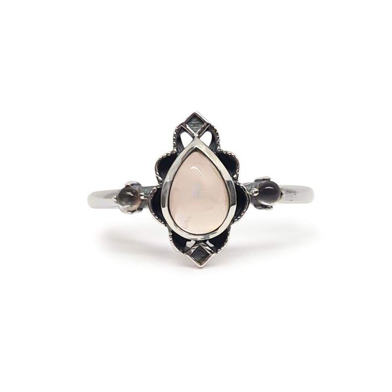 Anillo Loto Cuarzo Rosa Plata Fina 925 Envejecido-0