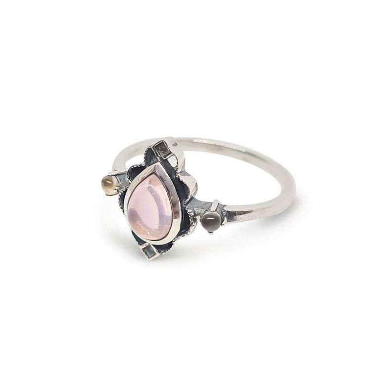 Anillo Loto Cuarzo Rosa Plata Fina 925 Envejecido-1