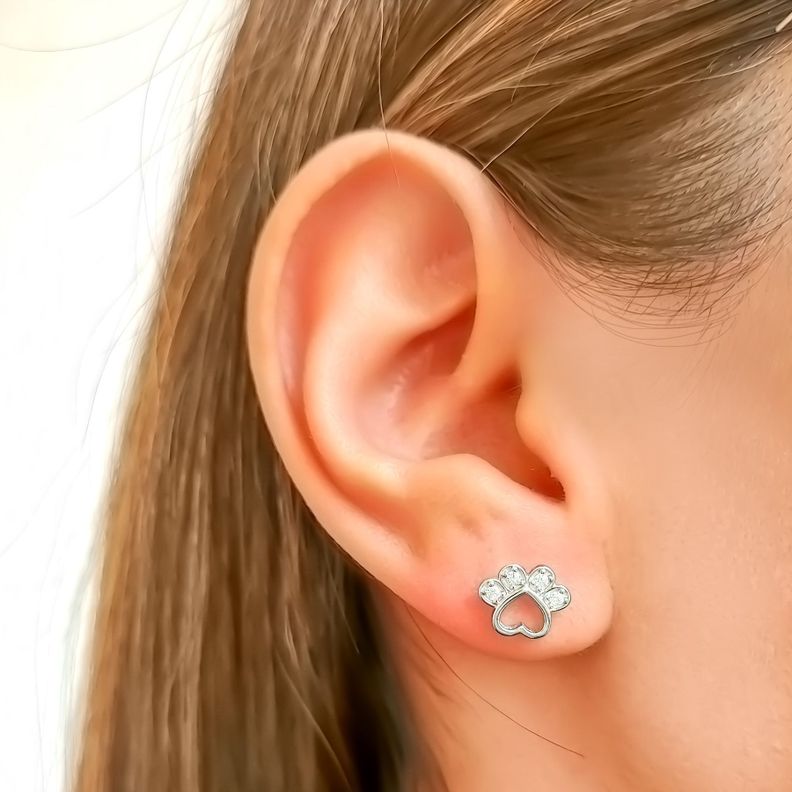 Aros Huella Perro Circón Blanco Plata Fina 925-2