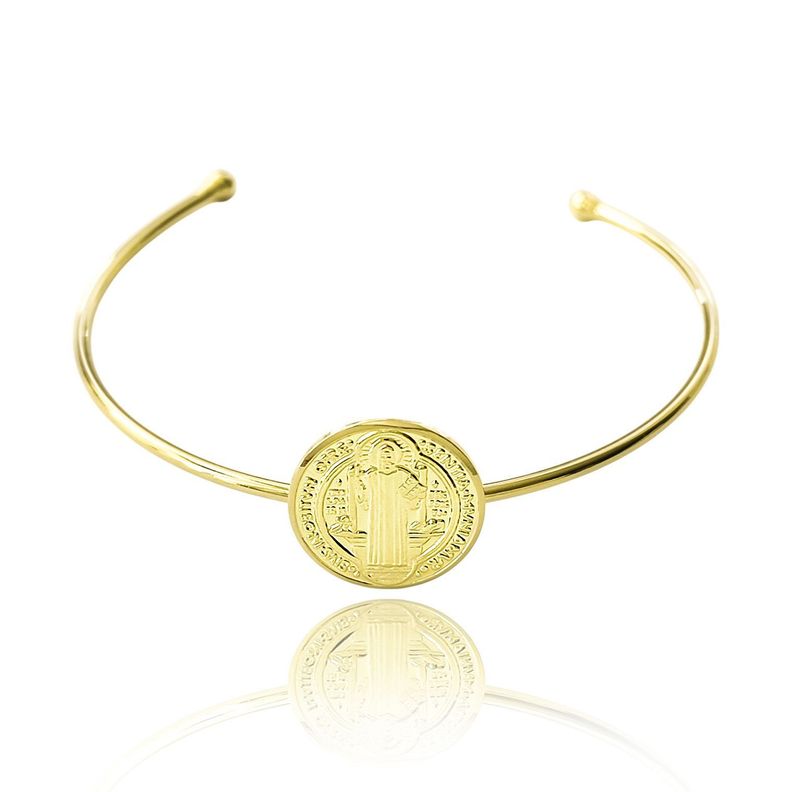 Pulsera Esclava Medalla San Benito 15mm Enchapado Oro 18K-0