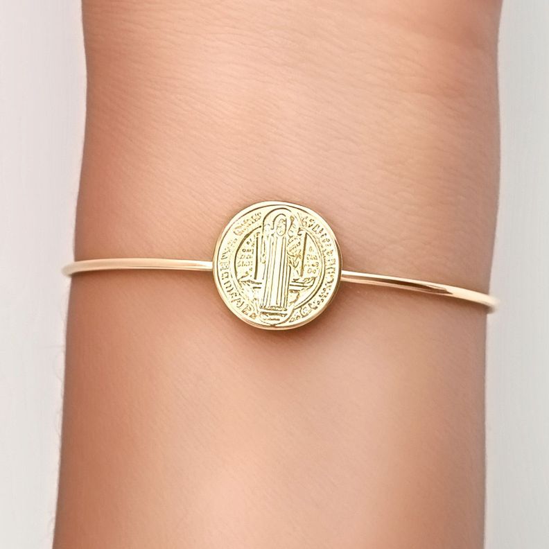 Pulsera Esclava Medalla San Benito 15mm Enchapado Oro 18K-2