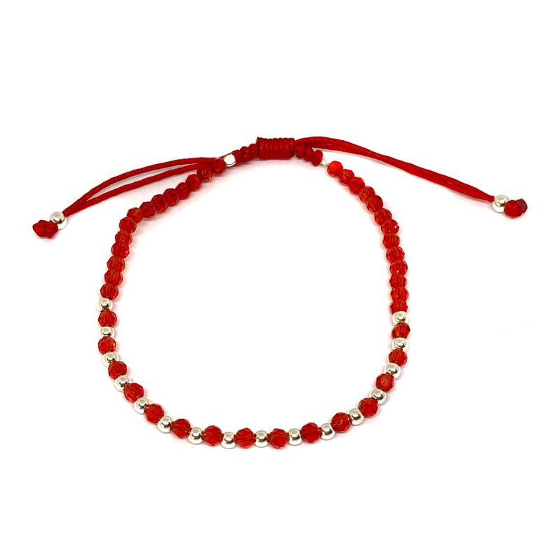 Pulsera Cristal Redondo Rojo Facetado Plata Fina 925 Cordón Rojo-0