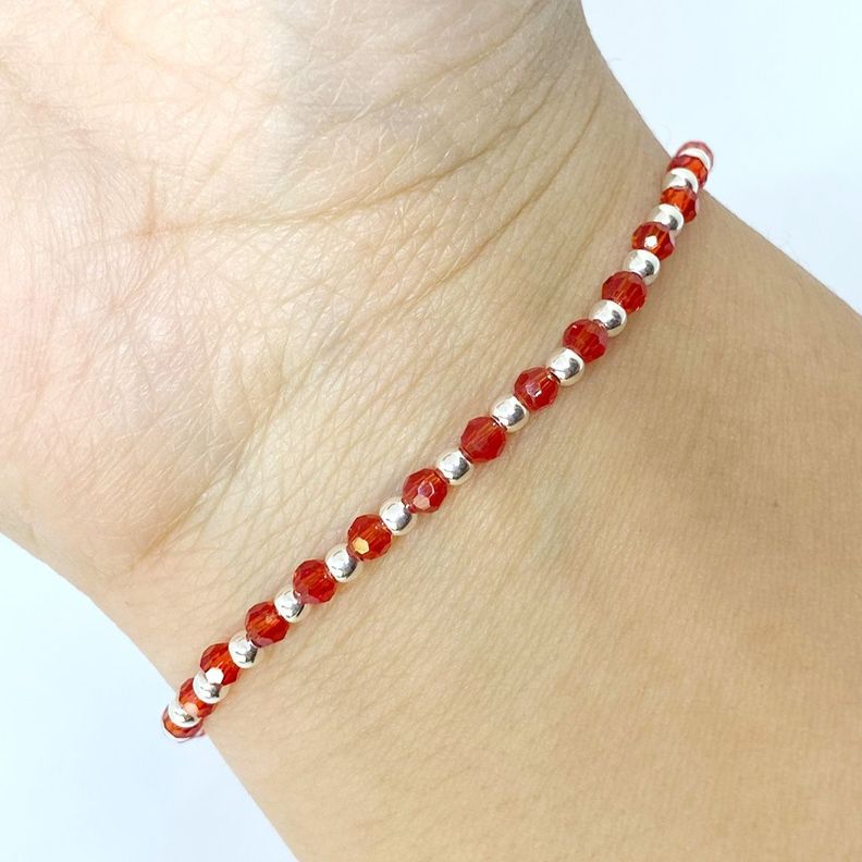 Pulsera Cristal Redondo Rojo Facetado Plata Fina 925 Cordón Rojo-1
