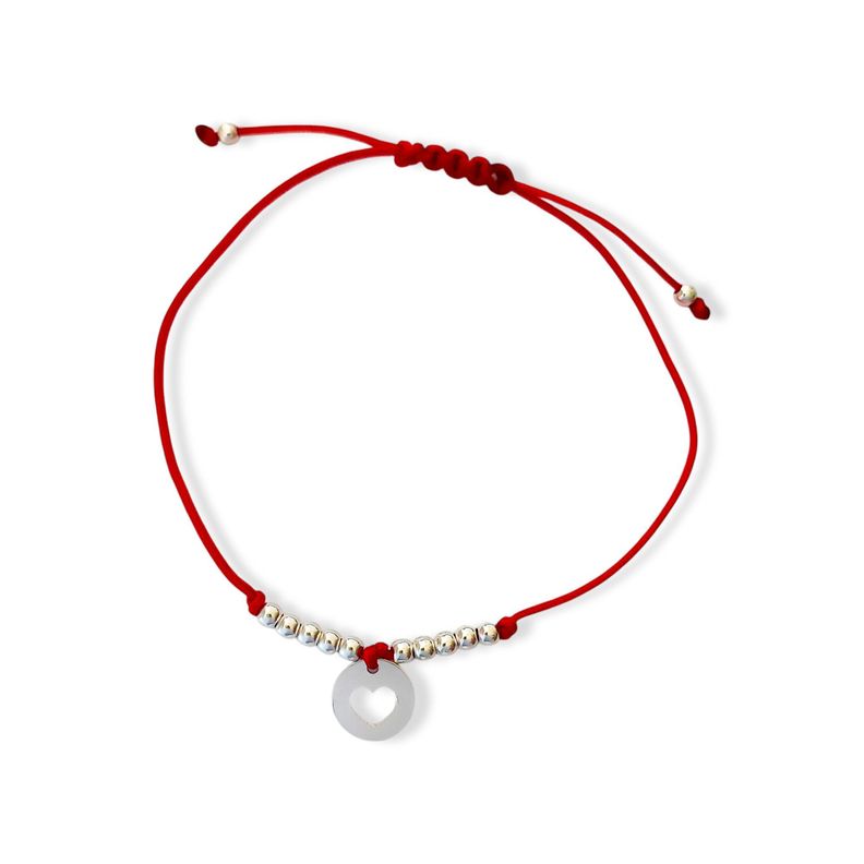 Pulsera Círculo Corazón Bolitas Plata Fina 925 Cordón Rojo-0