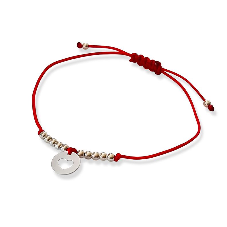 Pulsera Círculo Corazón Bolitas Plata Fina 925 Cordón Rojo-1