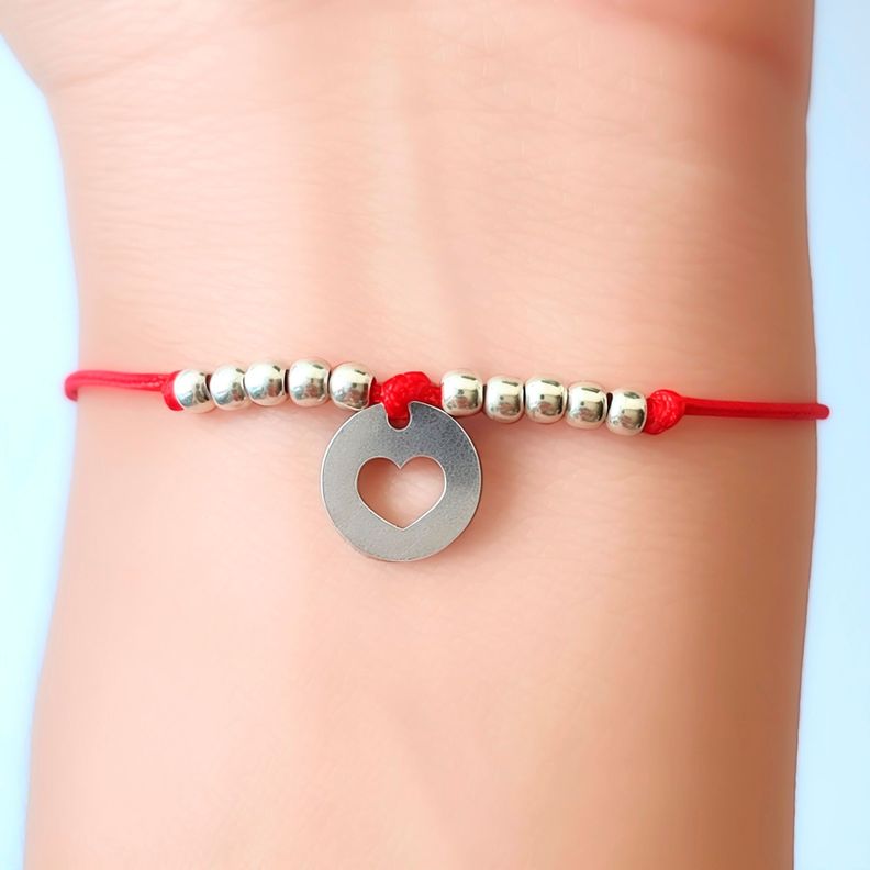Pulsera Círculo Corazón Bolitas Plata Fina 925 Cordón Rojo-2