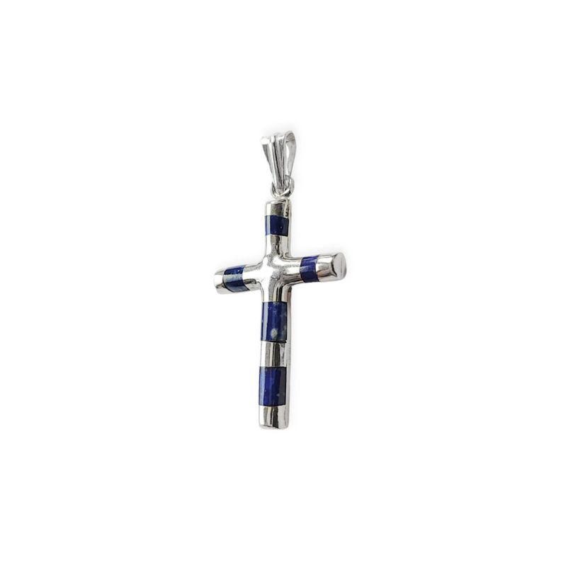 Colgante Cruz Lapislázuli Tubo Plata Fina 925-0