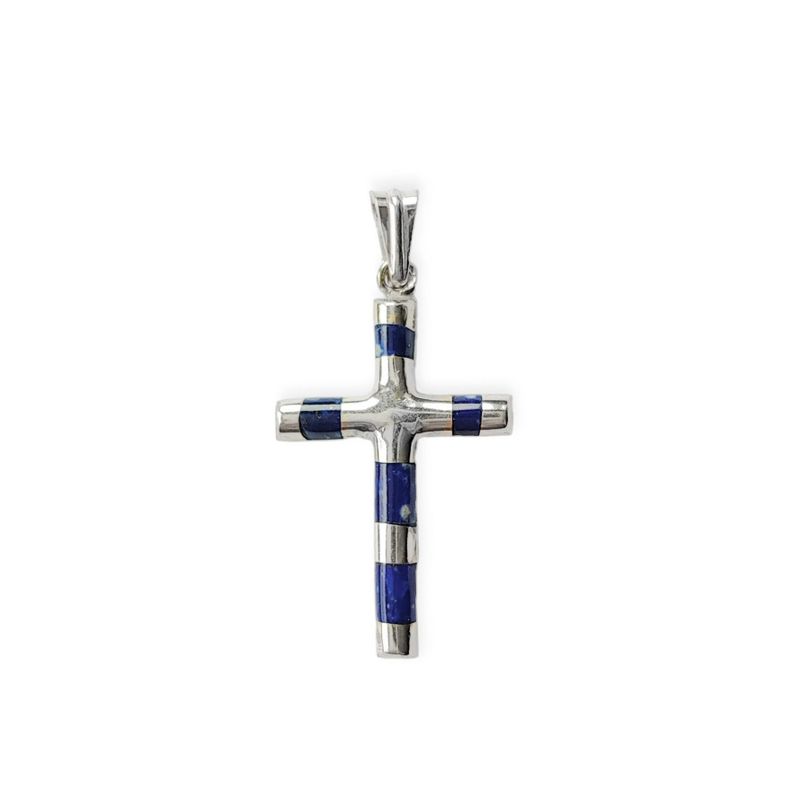 Colgante Cruz Lapislázuli Tubo Plata Fina 925-1
