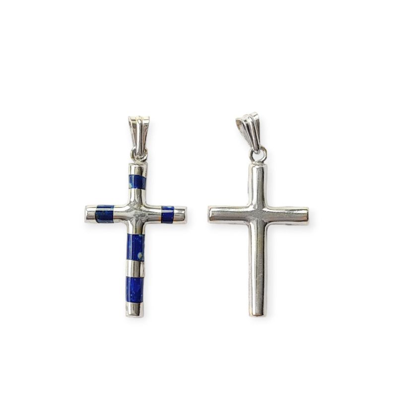 Colgante Cruz Lapislázuli Tubo Plata Fina 925-2