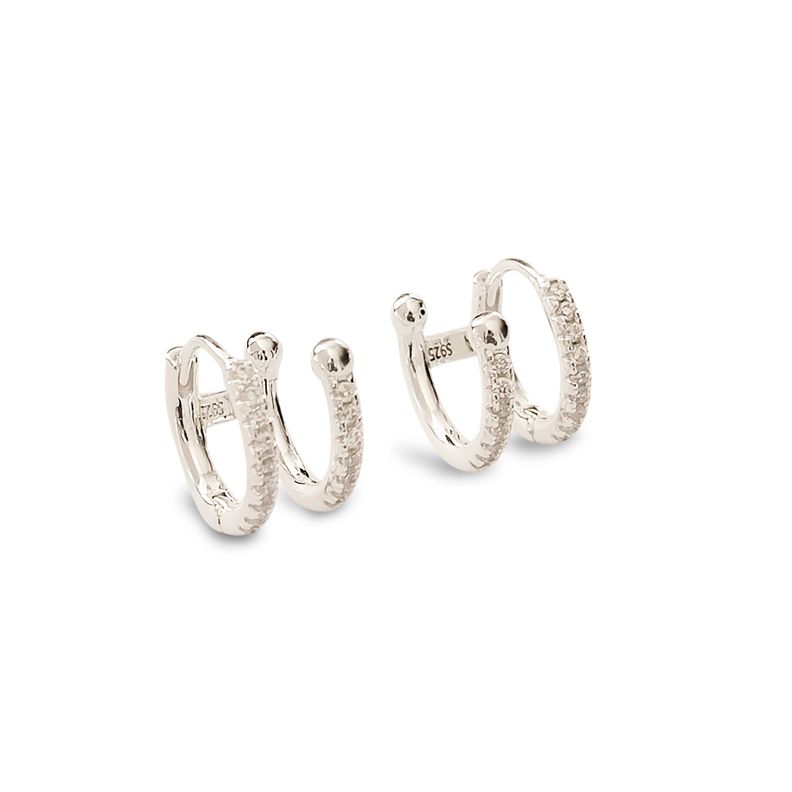 Aros Argolla Doble Cintillo Circón Blanco Plata Fina 925-0