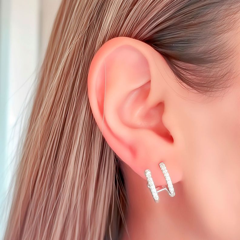 Aros Argolla Doble Cintillo Circón Blanco Plata Fina 925-2