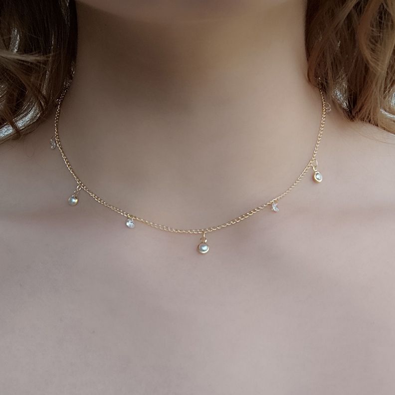 Collar Choker Perlitas Sintéticas Circones Enchapada Oro 18K 42cm-1