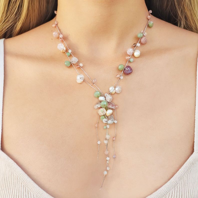 Collar Cuarzo Rosado Perla Río Cristal Hilo Seda-2