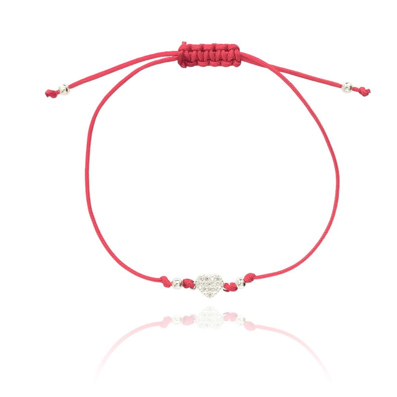 Pulsera Corazón Circón Blanco Bolitas Plata Fina 925 Cordón Rojo-0