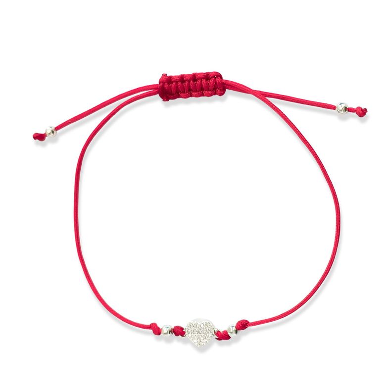 Pulsera Corazón Circón Blanco Bolitas Plata Fina 925 Cordón Rojo-1
