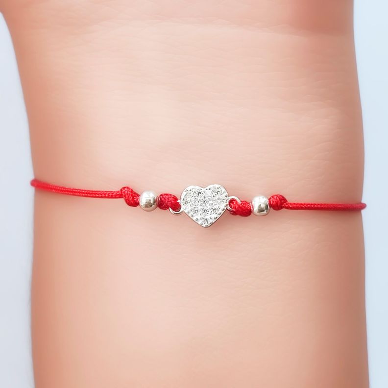 Pulsera Corazón Circón Blanco Bolitas Plata Fina 925 Cordón Rojo-2