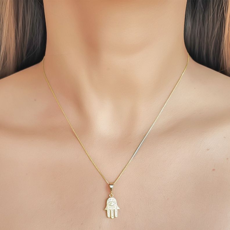 Collar Mano Fátima Circón Blanco Enchapado Oro 18K -2