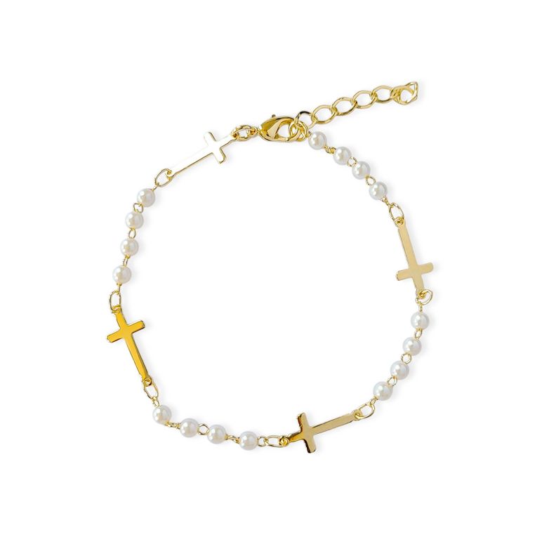 Pulsera Cruz Perlas Enchapado Oro 18K-0